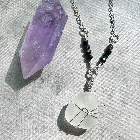 Caribbean Seaglass + Agate Crystal Handmade Necklace - Picture 3 of 7